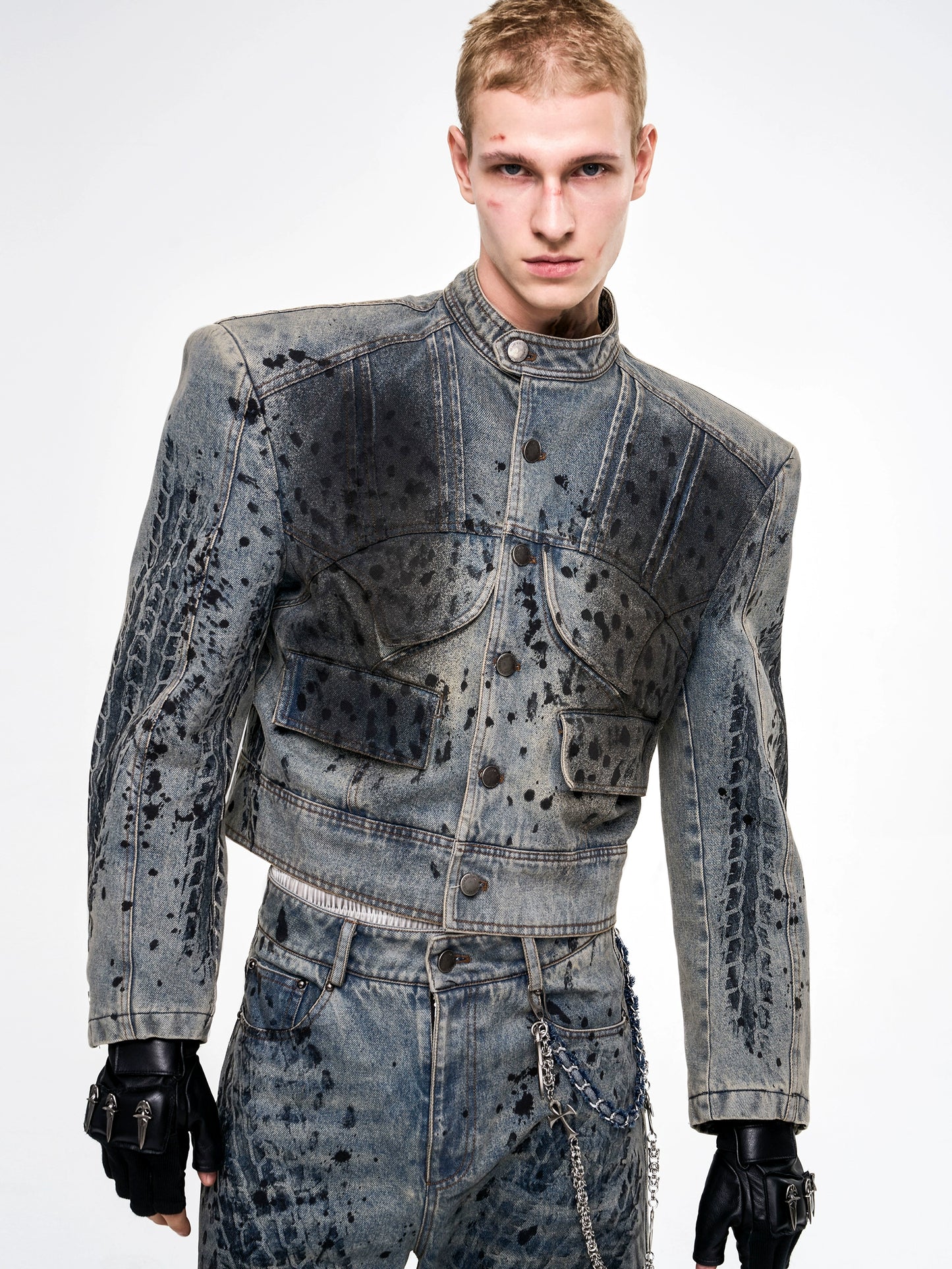 Tire Print Hight Neck Shoulder-pad Damage Denim Jacket & Denim Jeans Setup WN21793