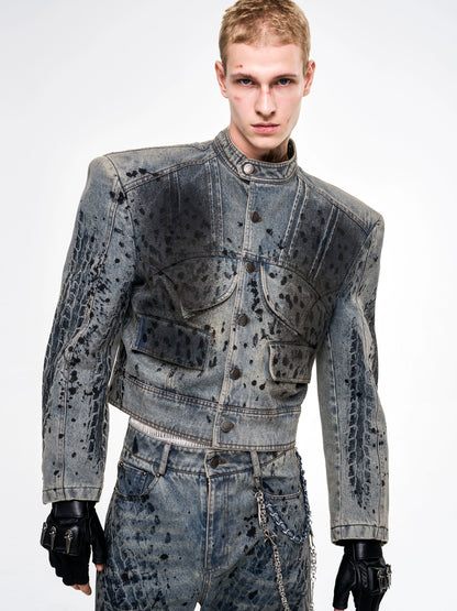 Tire Print Hight Neck Shoulder-pad Damage Denim Jacket & Denim Jeans Setup WN21793