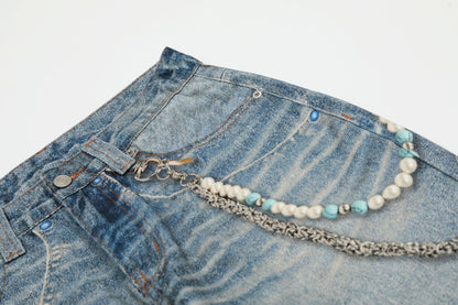 Digital Print Chain Design Wide Leg Denim Jeans WN18575