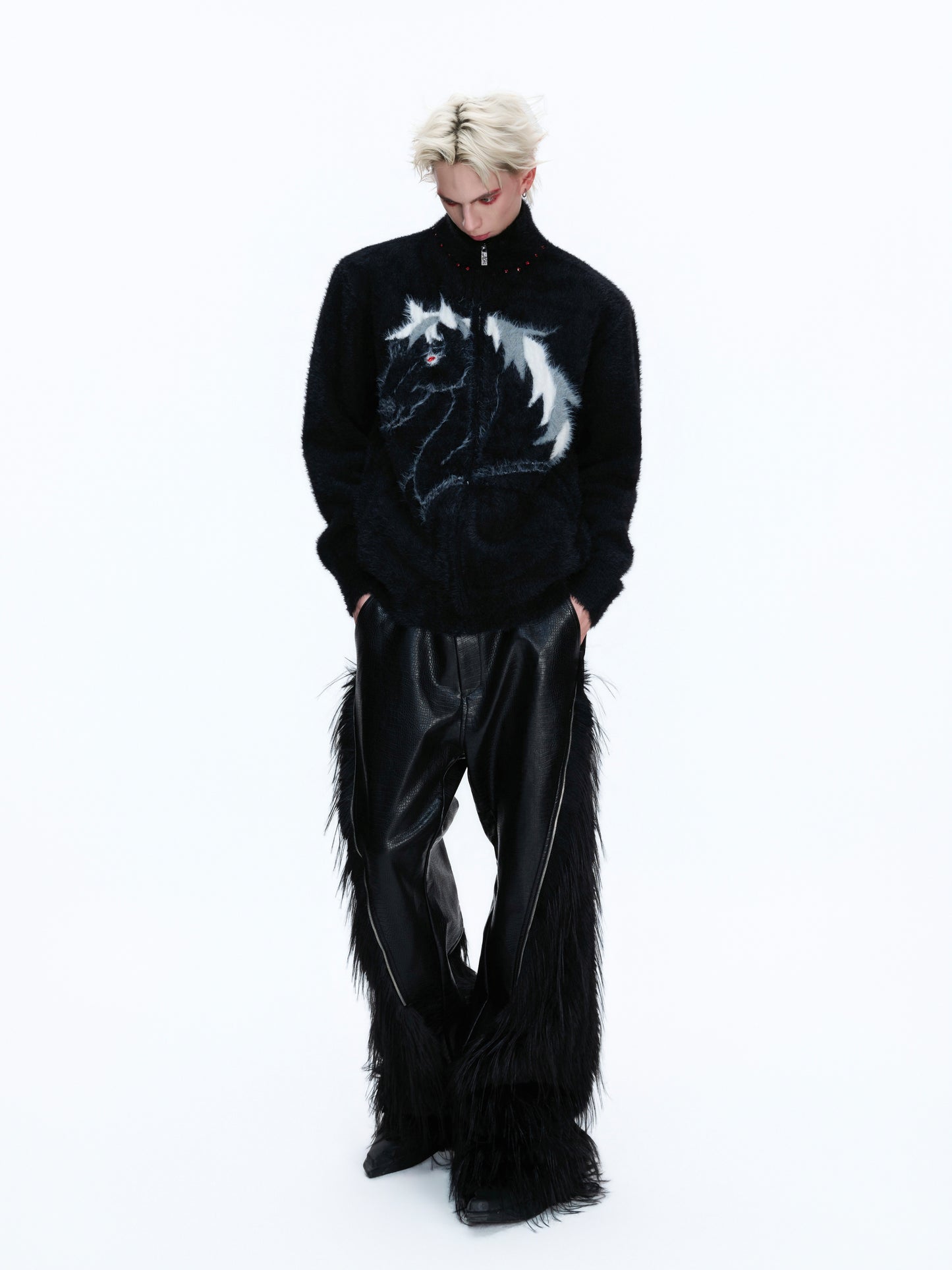 Fake Mink Turtleneck Zipper Knit Cardigan WN22672