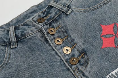 Button Fly Curved Wide Leg Denim Jeans WN25733