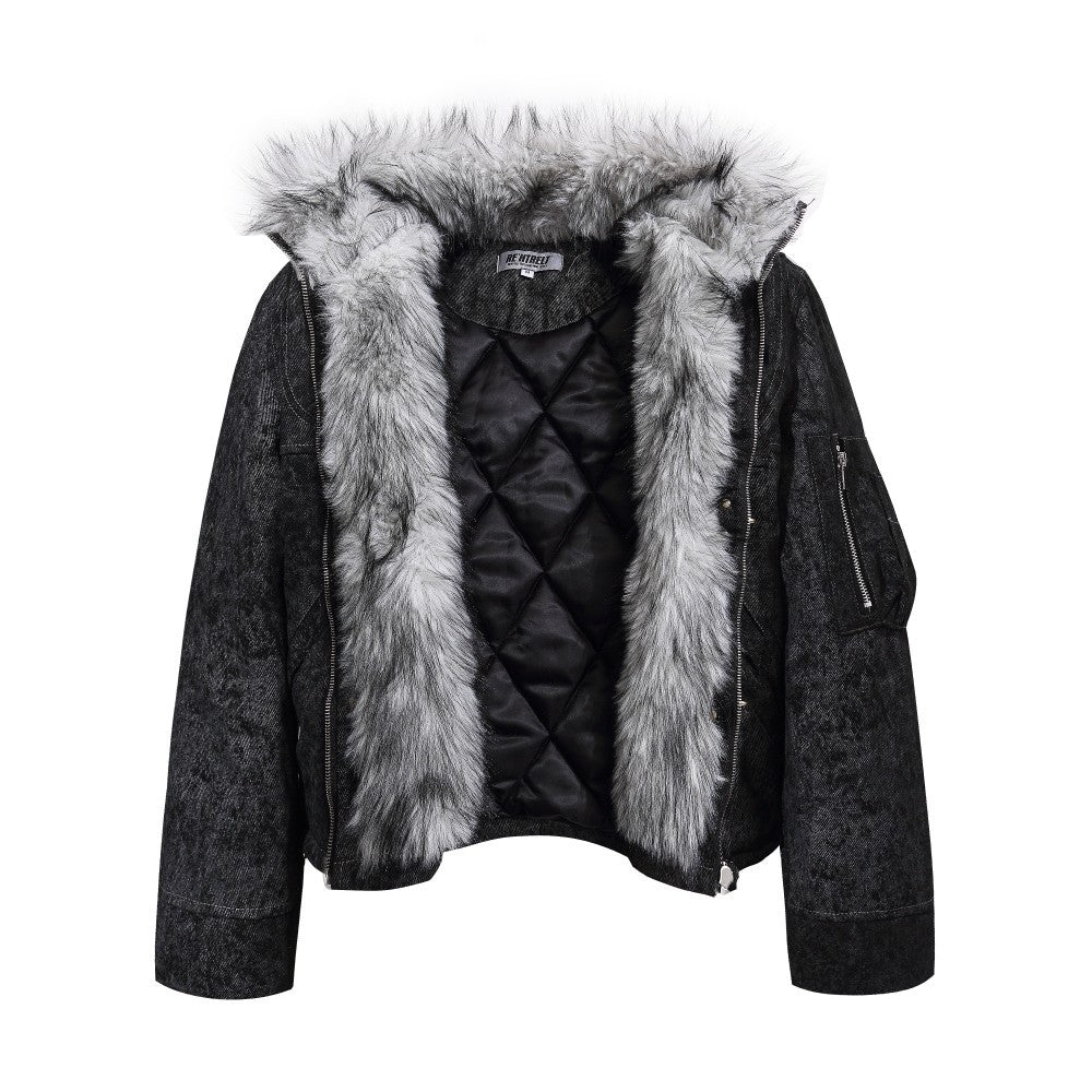 Cropped Fake Fur Collar Quilted Jacket WN28047