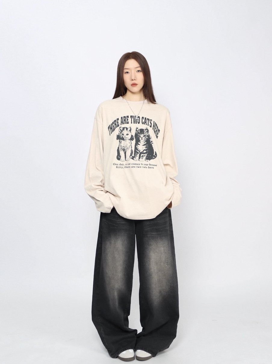 Cat Graphic Print Oversize Long Sleeve T-Shirt WN24486 – WONDER NOAH