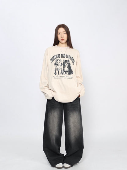 Cat Graphic Print Oversize Long Sleeve T-Shirt WN24486