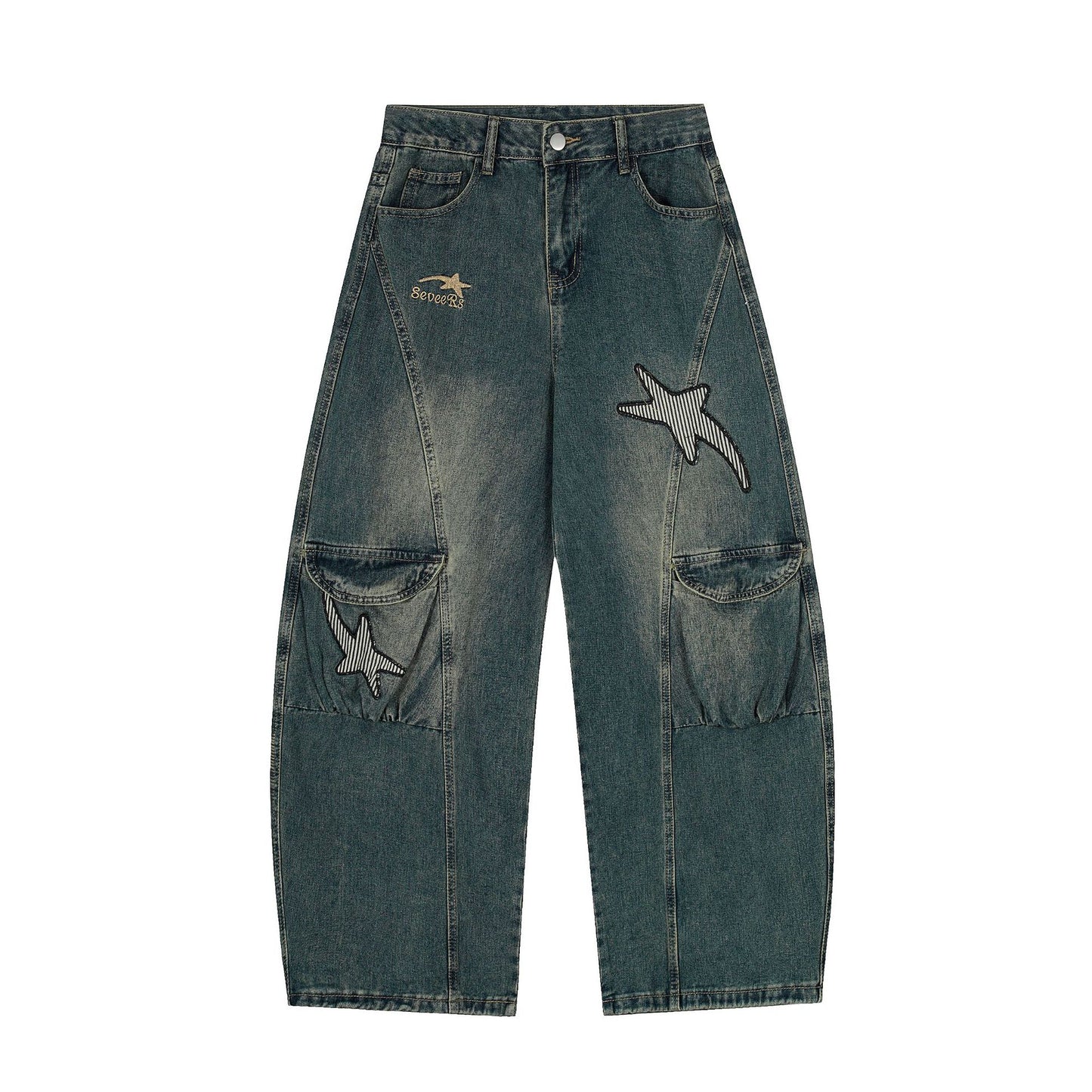 Washed Embroidery Wide Leg Denim Jeans WN25406
