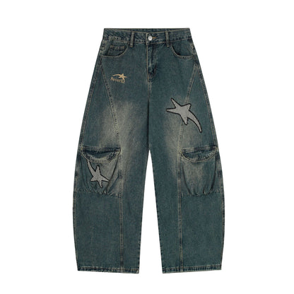 Washed Embroidery Wide Leg Denim Jeans WN25406