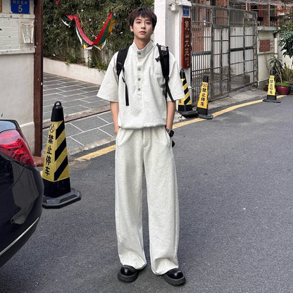 Standing-Collar Button Short Sleeve T-Shirt & Wide Leg Sweatpants Setup WN25303