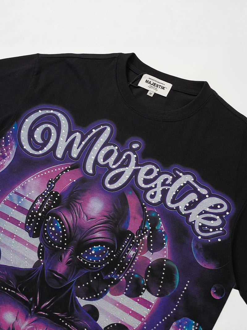 Planet Graphic Rhinestone Letter Short Sleeve T-Shirt WN28109