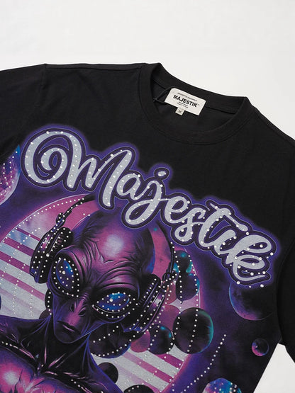 Planet Graphic Rhinestone Letter Short Sleeve T-Shirt WN28109