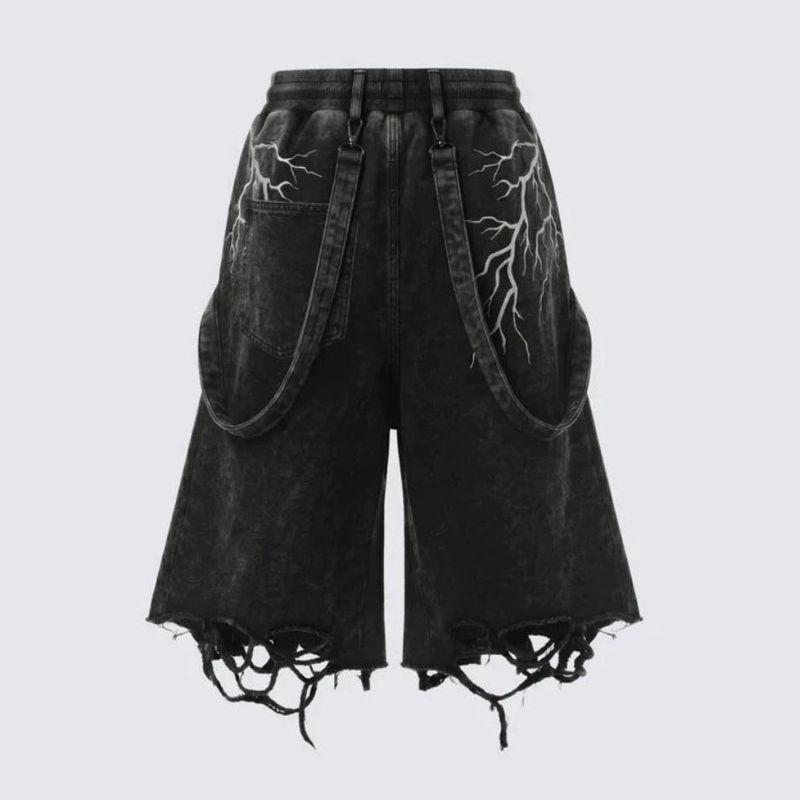 Lightning Print Damage Frayed Denim Half Jeans WN28046