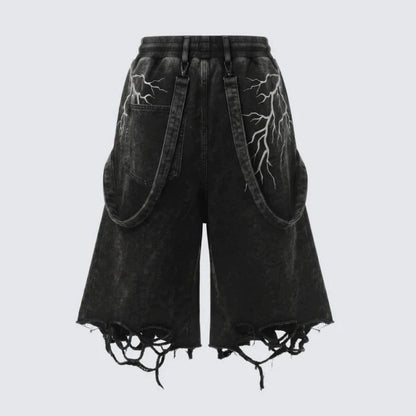 Lightning Print Damage Frayed Denim Half Jeans WN28046