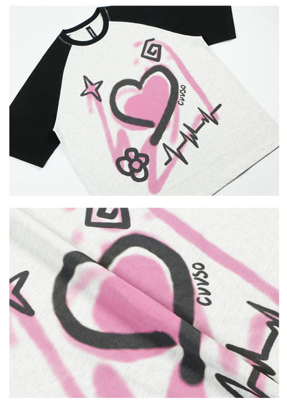 Color-Block Graffiti Heart Oversize Short Sleeve T-Shirt WN26331