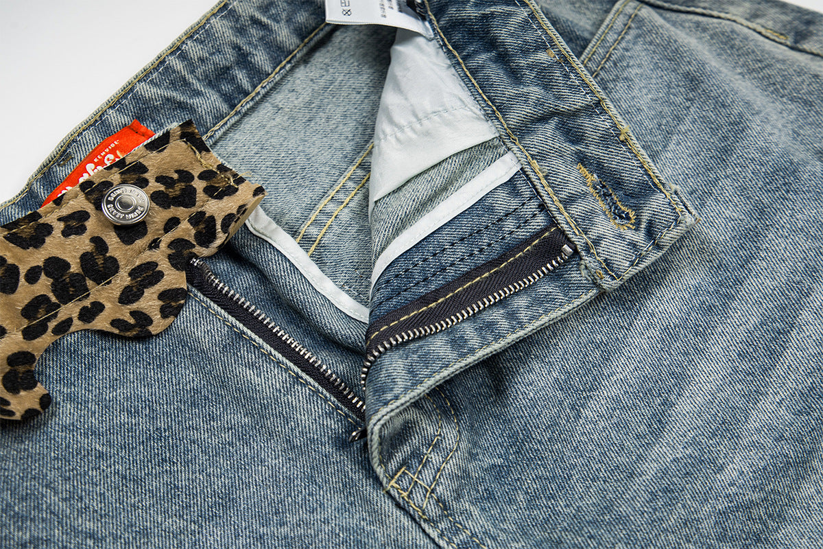 Leopard Print Damage Half Denim Jeans WN25462