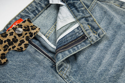 Leopard Print Damage Half Denim Jeans WN25462