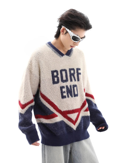 Contrast Color Jacquard V-Neck Knit Sweater WN10394