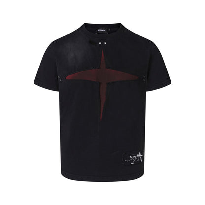 Patch Cross Studs Damage Washed Short Sleeve T-Shirt WN28118