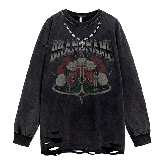 Cross & Flower Print Damage Long Sleeve T-Shirt WN16490