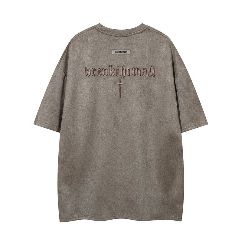 Suede Cross Embroidery Short Sleeve T-Shirt WN24457