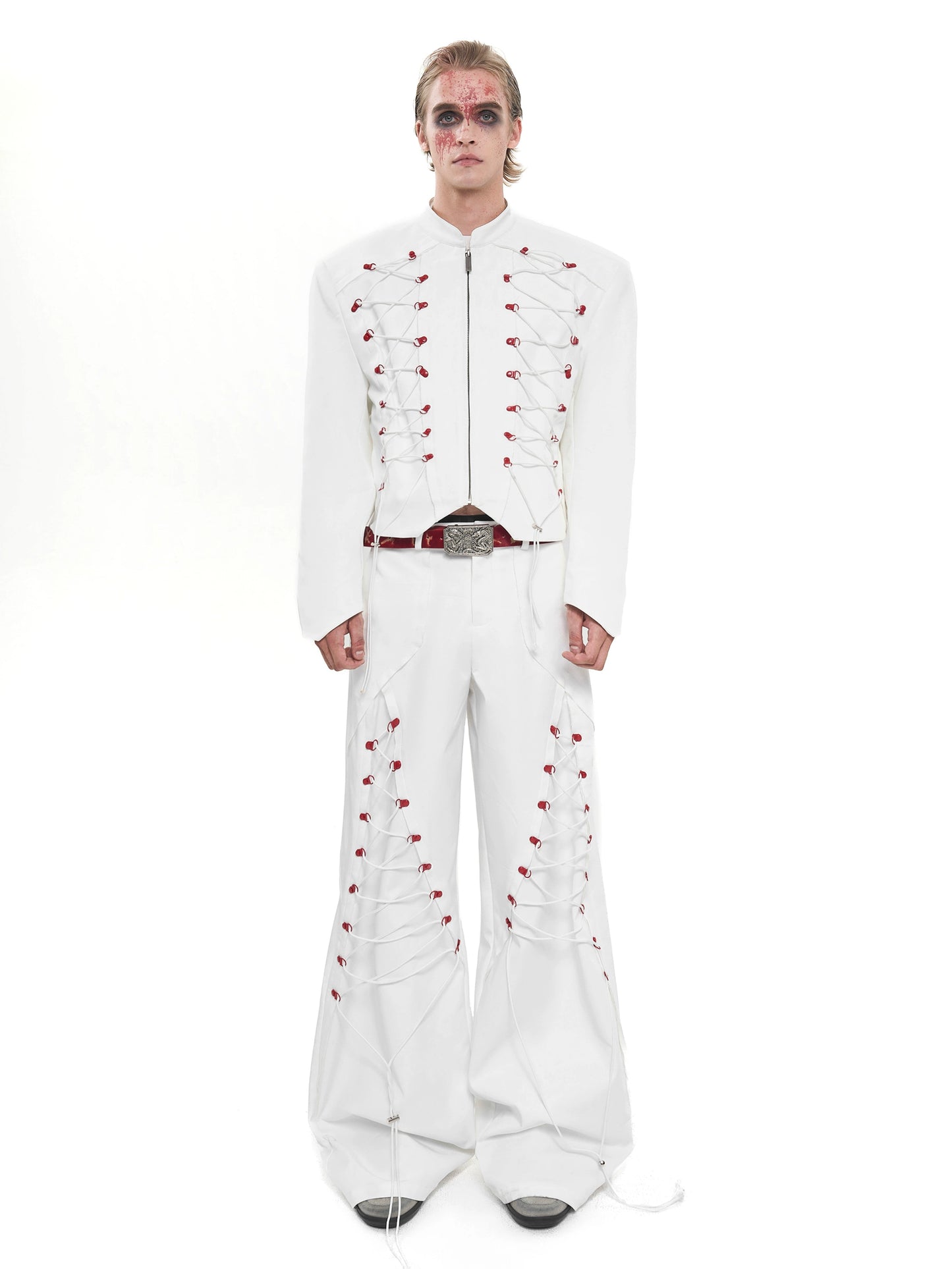 Drawstring Design Stand Neck Short Jacket & Wide Leg Trousers Setup WN20508