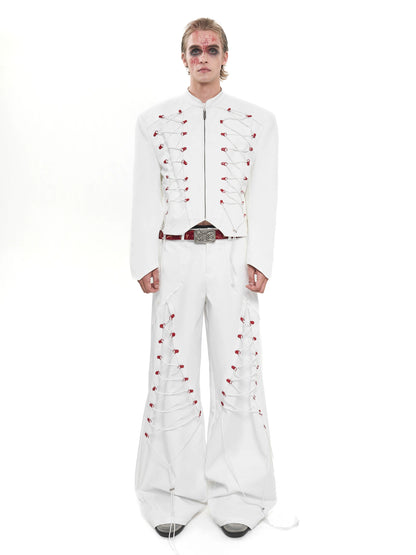 Drawstring Design Stand Neck Short Jacket & Wide Leg Trousers Setup WN20508