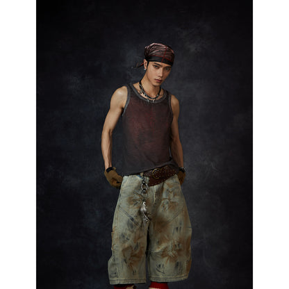 Embroidery Design Washed Dyed Sleeveless T-Shirt WN18436