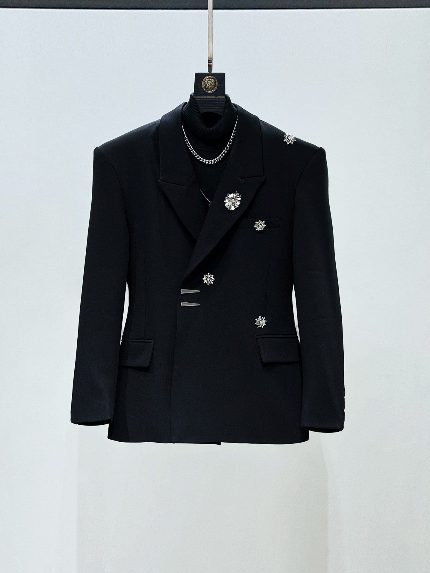 Metal Flower Brooch Fitted Tailored Jacket & Flare Trousers Setup WN23886