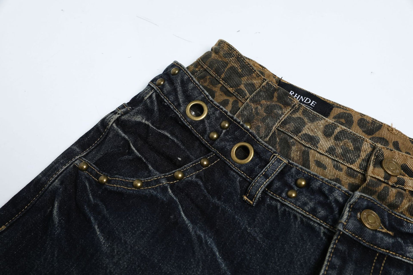 Fake Layered Leopard Print Wide Leg Denim Jeans WN26148
