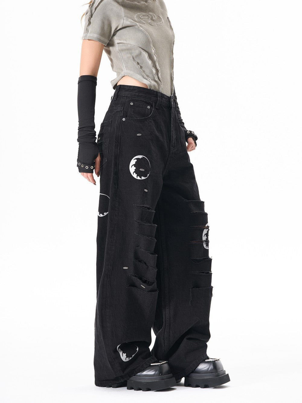 Ripped Circle Print Wide Leg Denim Jeans WN27892