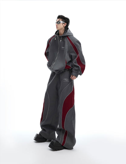 Glossy Contrast Hooded Jacket & Wide-leg Sporty Pants Setup WN8661