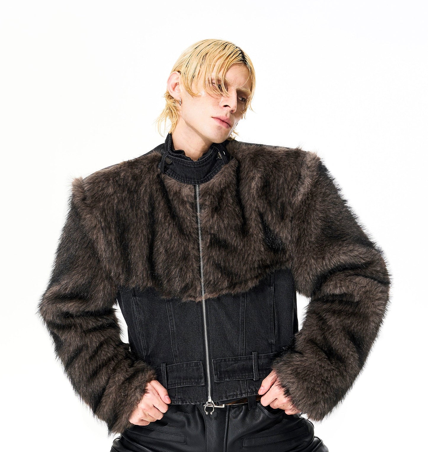 Fake Fur Patchwork Damage Short Denim Jacket WN21822