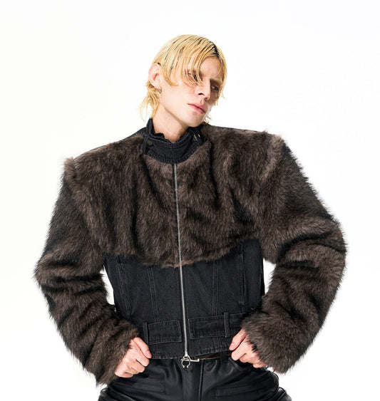 Fake Fur Patchwork Damage Short Denim Jacket WN21822