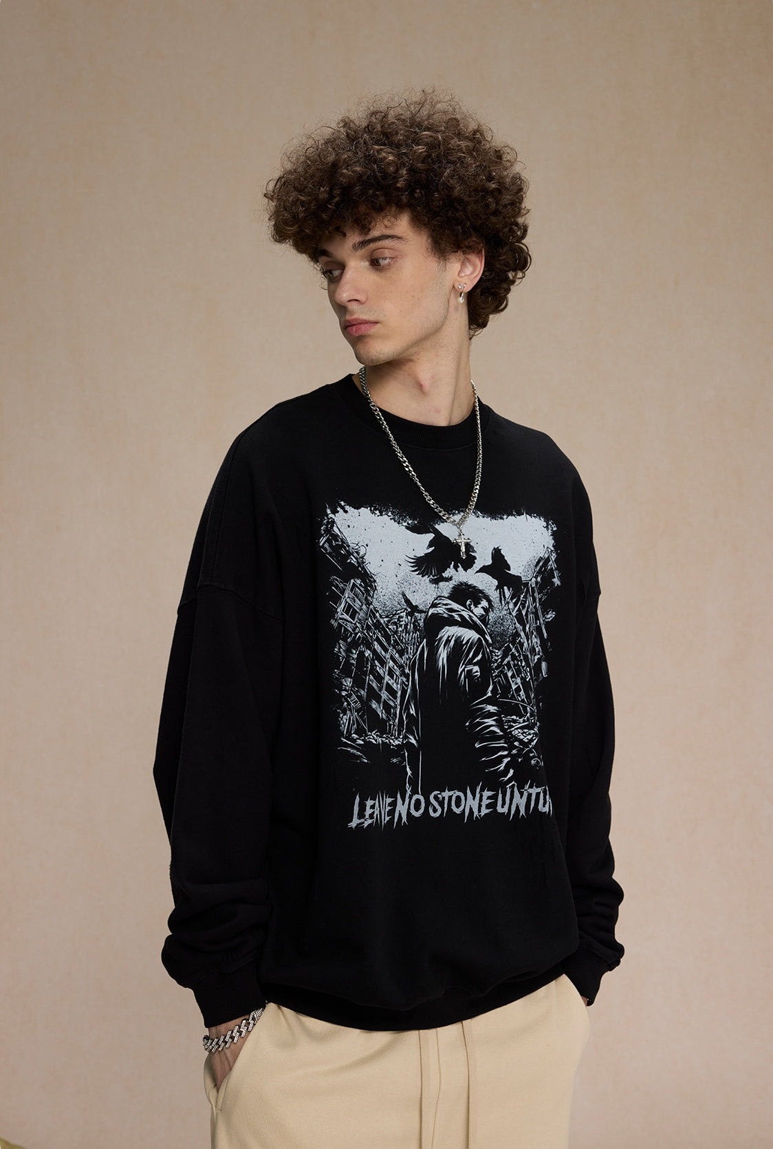 Washed Print Oversize Round Neck Sweatshirt WN9998