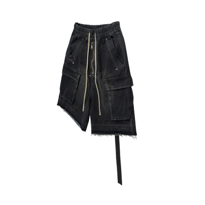 Drawstring Cargo Damage Denim Half Jeans WN25525