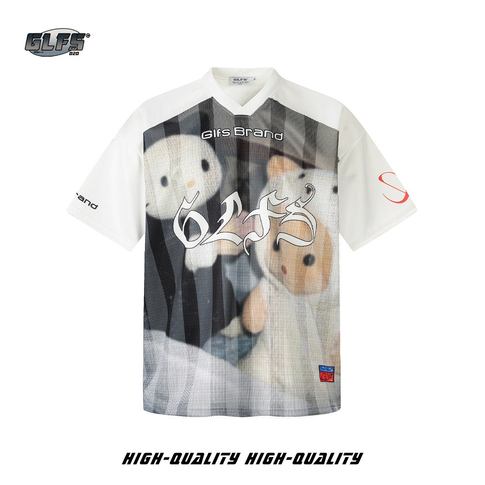 Kitty Cartoon Print V-Neck Oversize Short Sleeve T-Shirt WN26569