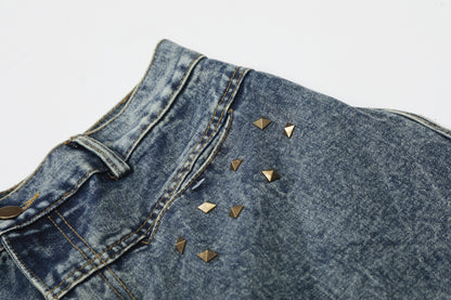 Washed Studs Panel Cropped Denim Half Jeans WN25766