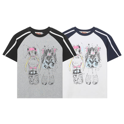 Anime Color Block Raglan Sleeve Short Sleeve T-Shirt WN26865