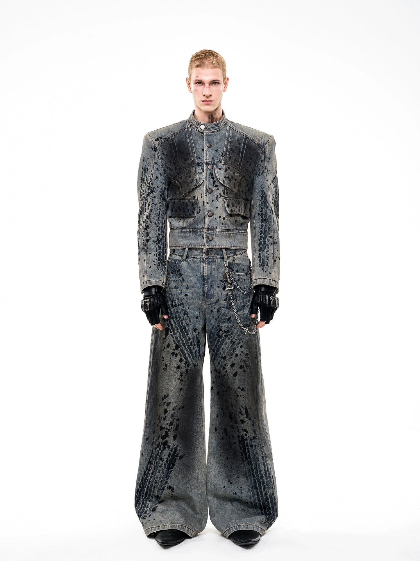 Tire Print Hight Neck Shoulder-pad Damage Denim Jacket & Denim Jeans Setup WN21793