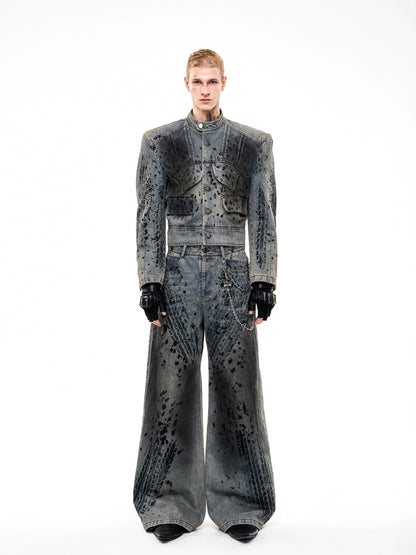 Tire Print Hight Neck Shoulder-pad Damage Denim Jacket & Denim Jeans Setup WN21793