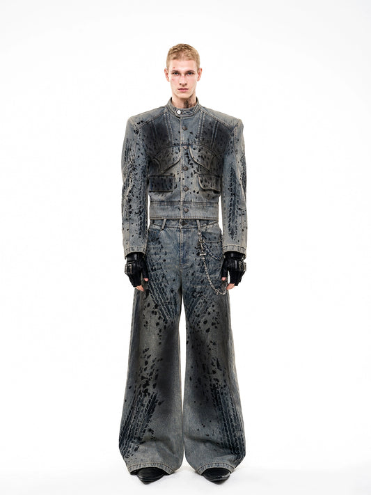 Tire Print Hight Neck Shoulder-pad Damage Denim Jacket & Denim Jeans Setup WN21793