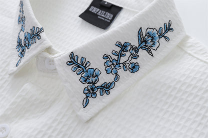 Floral Embroidery Waffle Short Sleeve Shirt WN16201