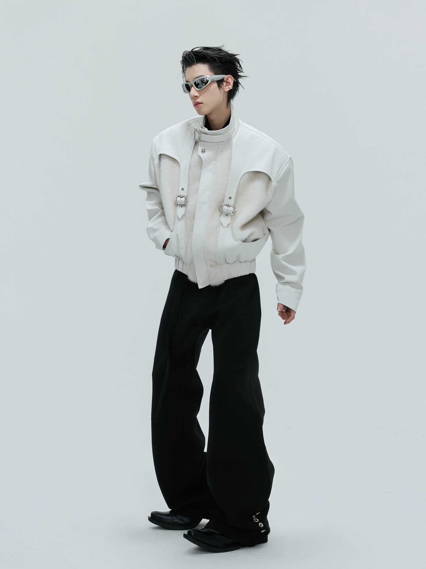 Deconstructed Fake Layered Crocodile Texture Furry PU Leather Jacket WN21723