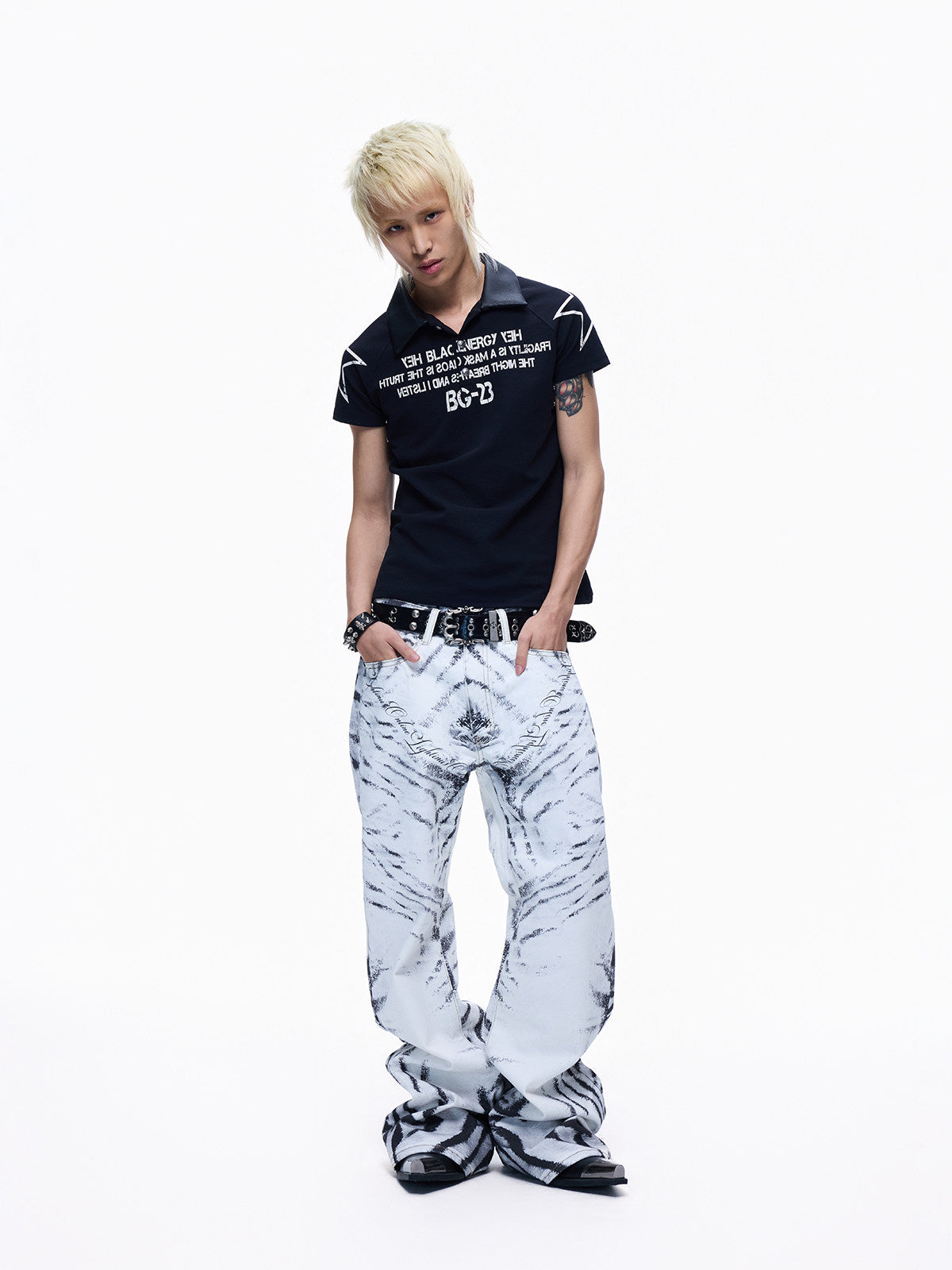 Contrast Panel Print Polo Collar Short Sleeve T-Shirt WN27291
