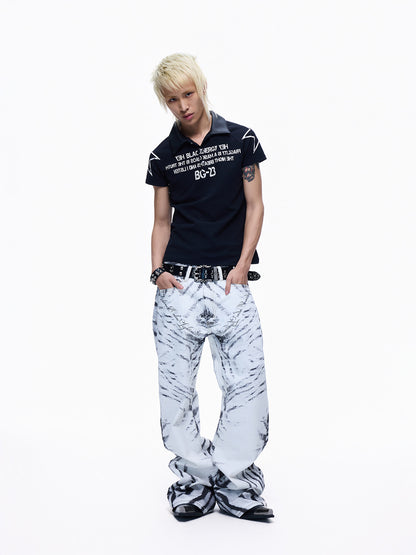 Contrast Panel Print Polo Collar Short Sleeve T-Shirt WN27291