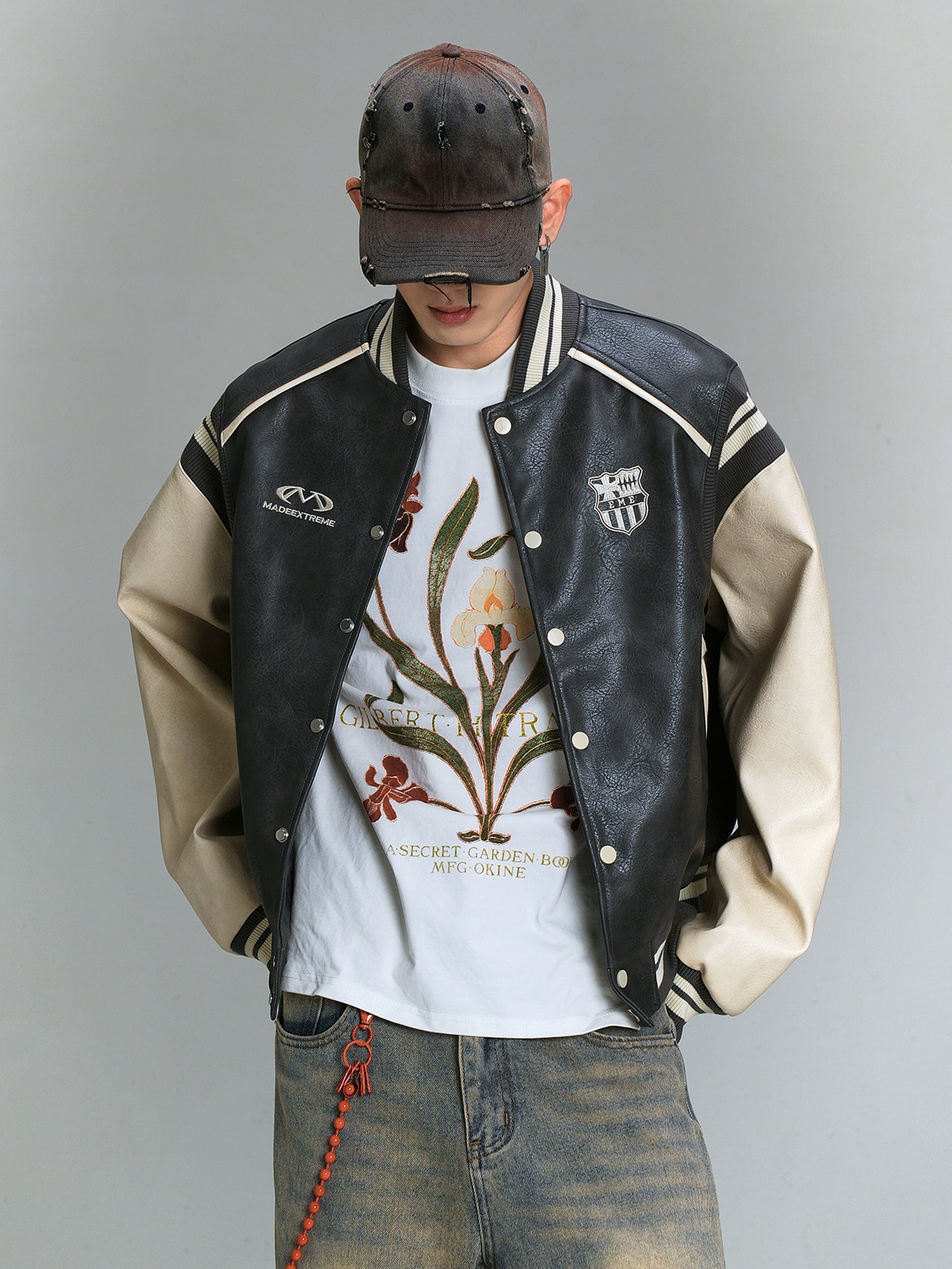 Oversize PU Leather Baseball Jacket WN8453