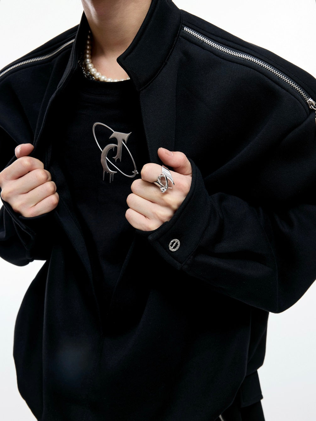 Fake Layered Zipper Design Sweatshirt & Wide Leg Sweatpants Setup WN20542