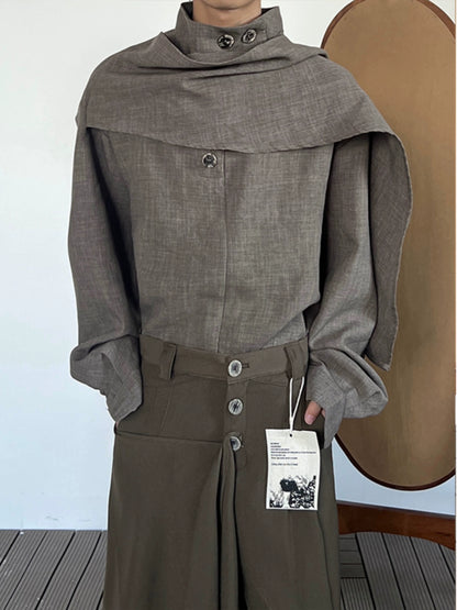 Stand Neck Scarf-Tie Long Sleeve Shirt WN19975