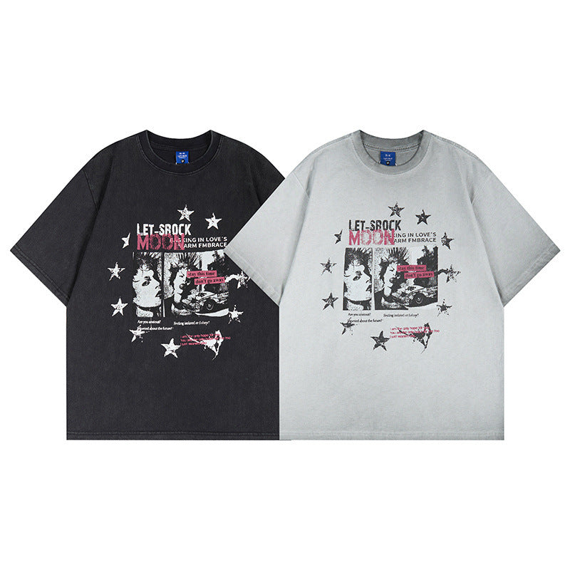Washed Portrait Letter Print Short Sleeve T-Shirt WN25399