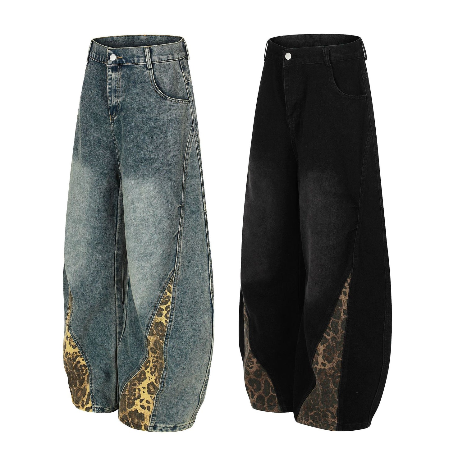 Washed Leopard Panel Curved Denim Jeans WN25514