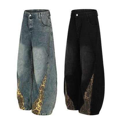 Washed Leopard Panel Curved Denim Jeans WN25514