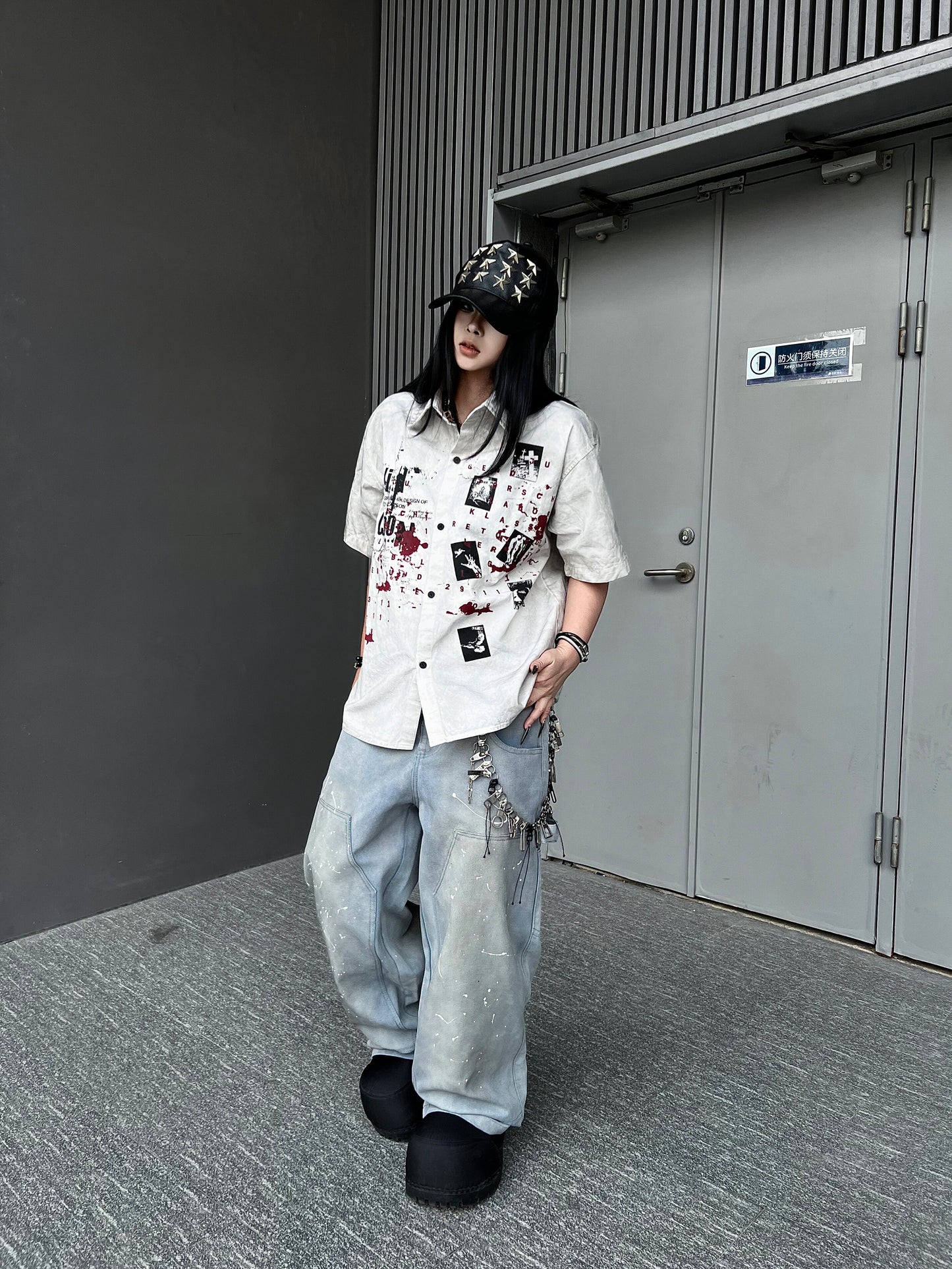 Graphic Print Splatter Short Sleeve Shirt WN24154